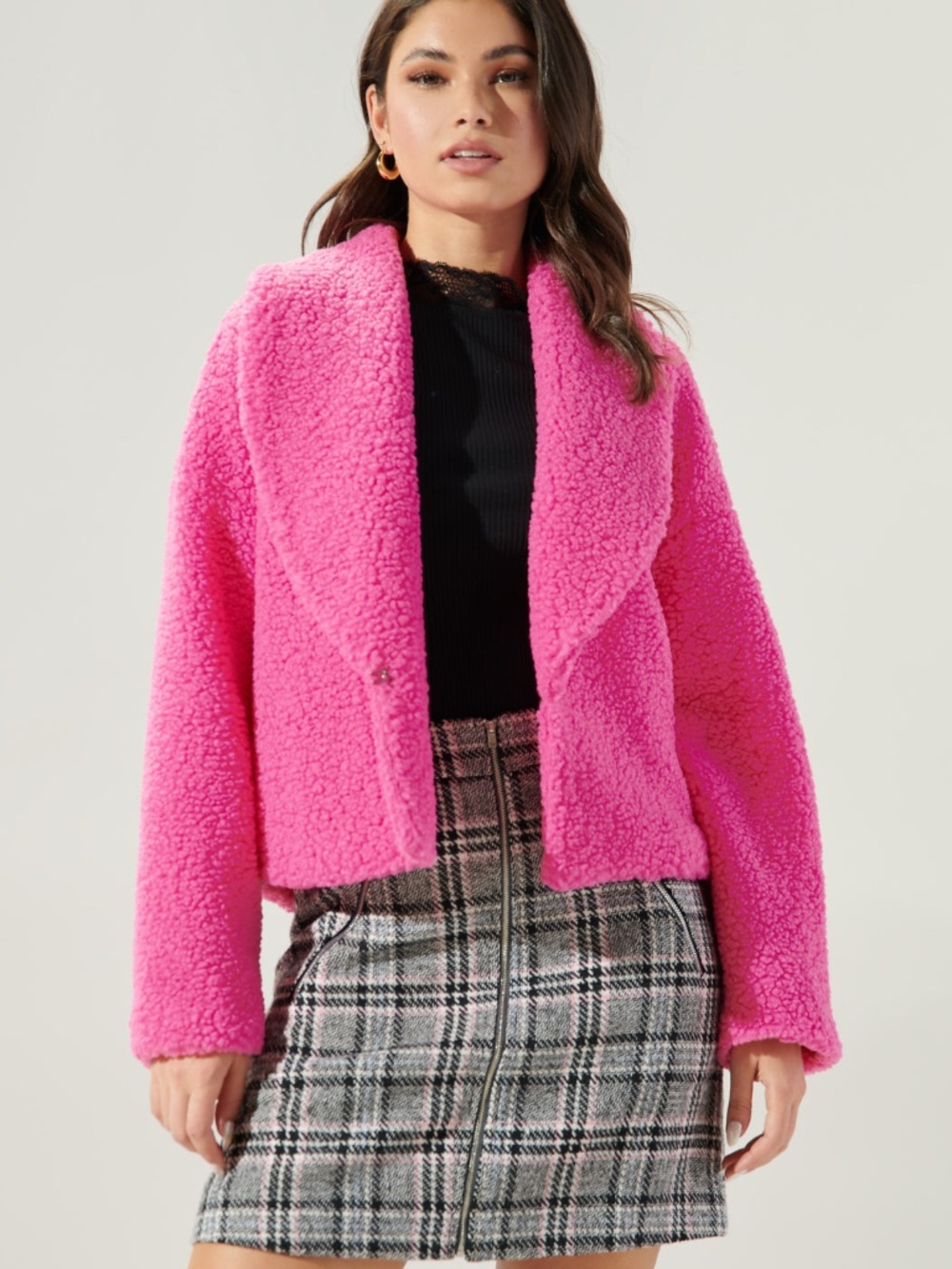 Sugarlips Edwina Fuchsia Pink Faux Sherpa Shawl Collar Jacket XS
